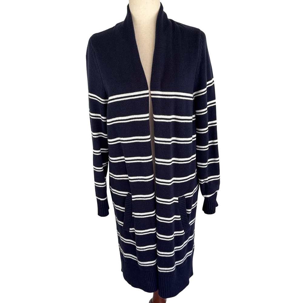 Loved Adored Navy White Striped Long Open‎ Front Cardigan Sweater Large Pockets